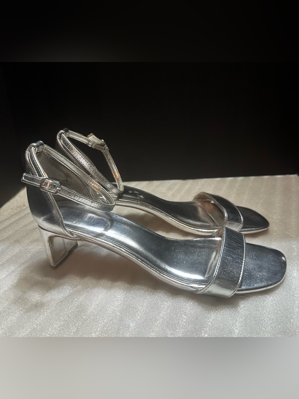 Rouge! Metallic Silver Ankle-Strap Block Heel Sandals